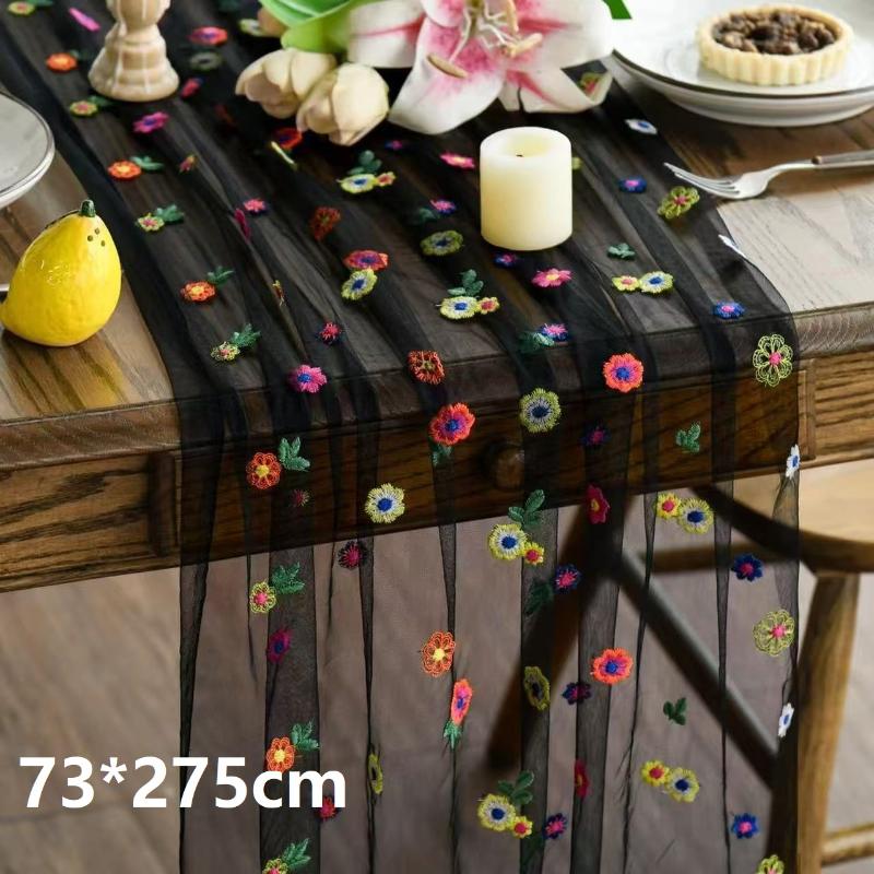 Embroidery Daisy Table Runner Floral Embroidered Lace Tulle Runner Colorful Flower Table Cover For Bridal Shower Birthday Party