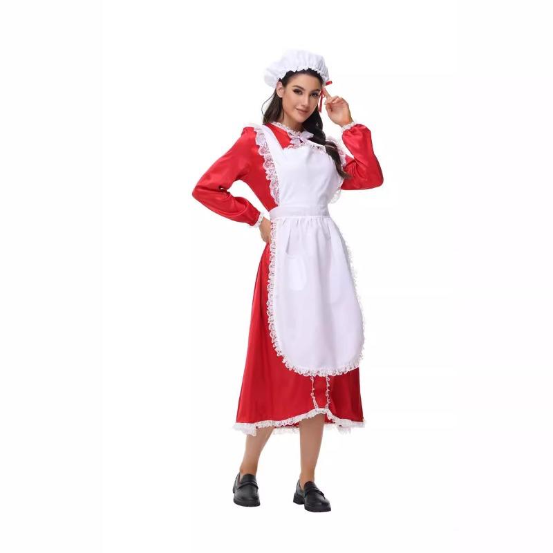 Halloween New Ladies Christmas Maid Dress Maid Play Dress Red Long Sleeve Dress