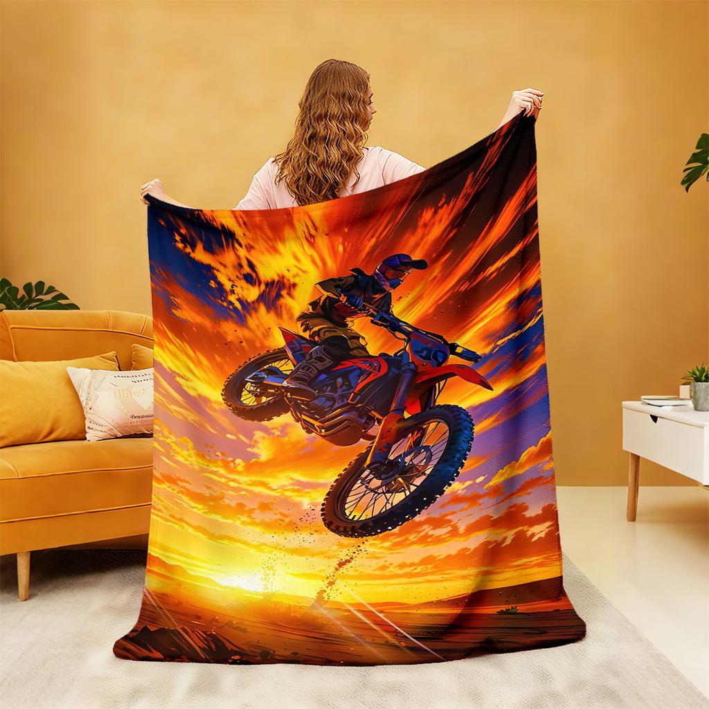 1 Piece Graffiti Style Street Motorcycle Printed Flannel Blanket Multiple Sizes Soft Comfortable Gift Blanket, Machine Washable