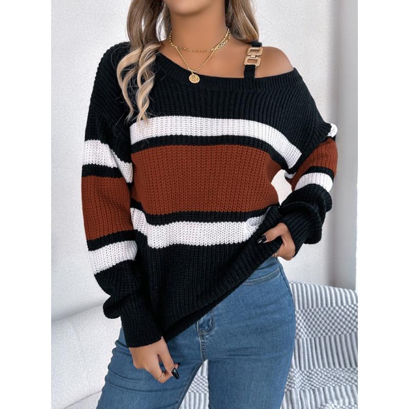 Casual Autumn Winter Color Block Striped Off Shoulder Lantern Sleeve Pullover Sweater For Women