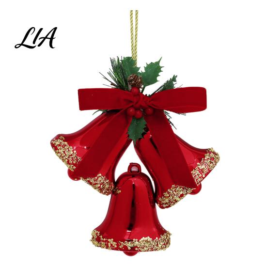 Triple Bell Pendant for Holiday Decor Christmas Ornament with Red Bow & Holly Leaves, Glossy Tiered Scene Jingle Bells Hanging Tree Wreath Door, Party