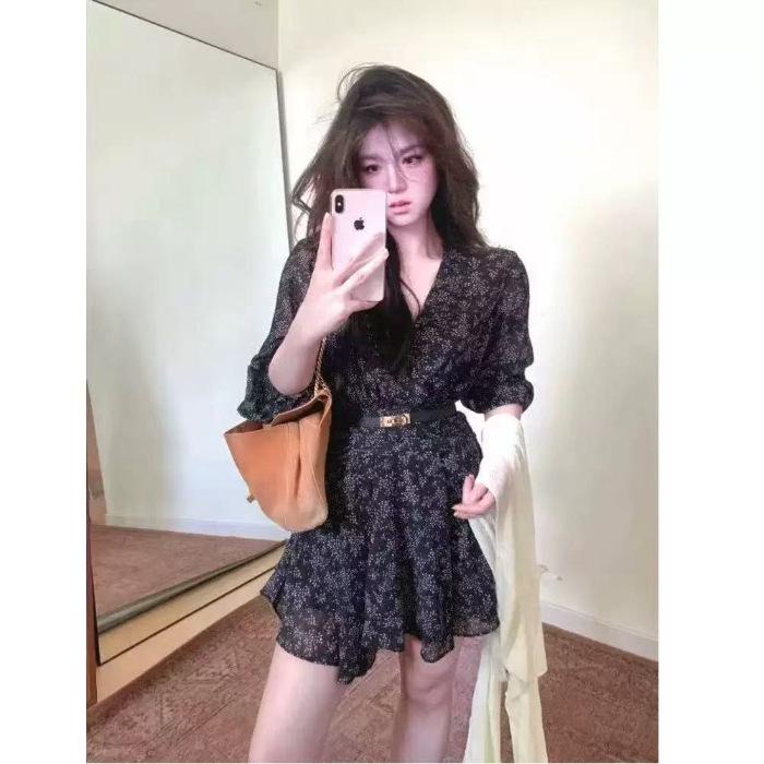 Vintage French Floral V-Neck Dress for Women – Elegant, Waist-Cinched Petite Spring Skirt XL