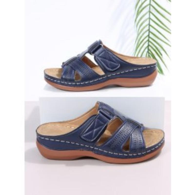 Women's Shoes 2 Summer New One-character Hollow Fish Mouth Wedge Heel Velcro Cool Slippers Women's Large Size Women's Shoes