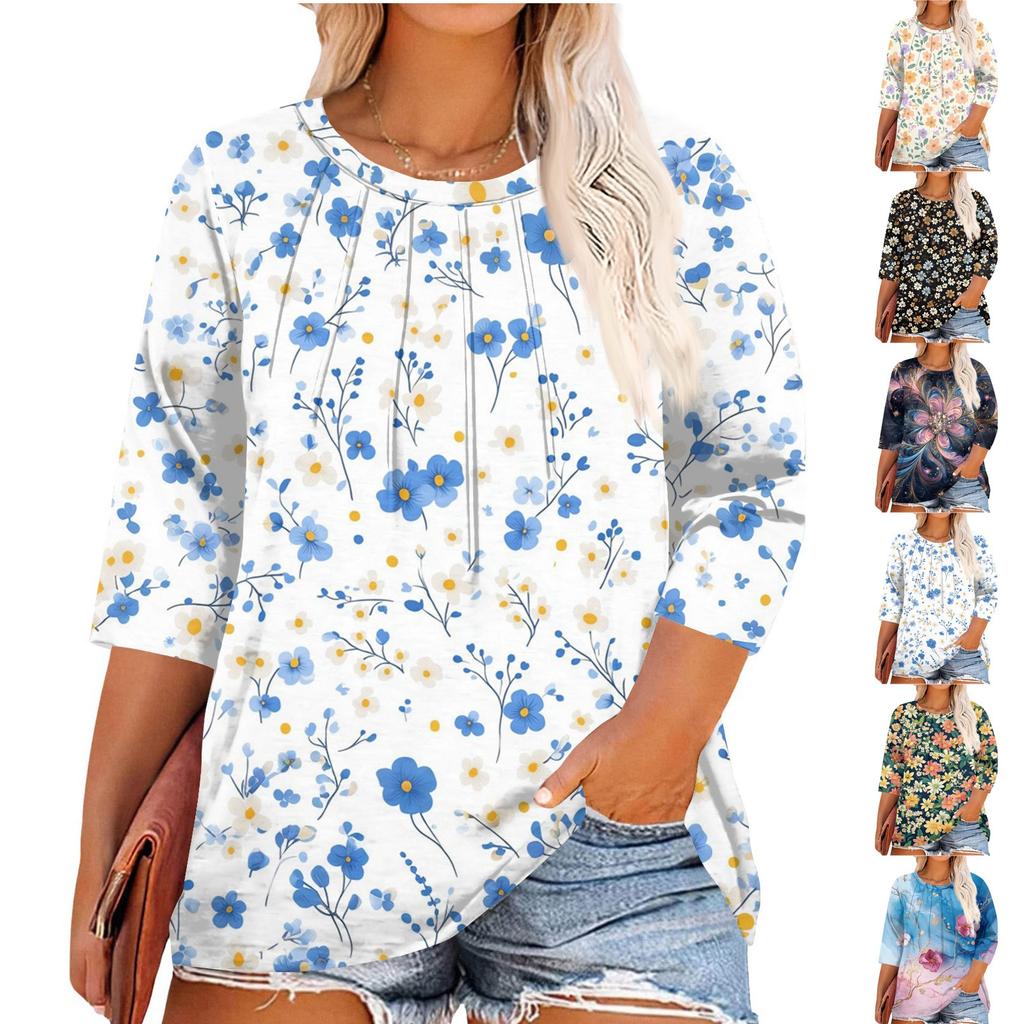 Women's Printed Round Neck Plus Size Tops 3/4 Sleeves Elegant Shirt Tops