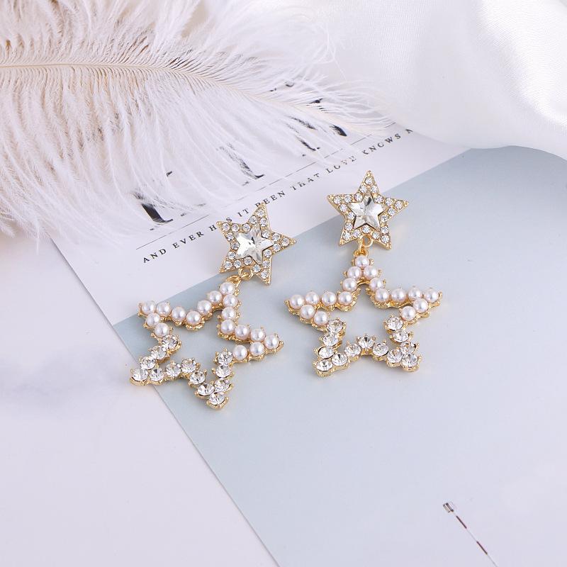 Star Rhinestone Earrings Women's Pearl Silver Needle Earrings Pentagram Hollow Geometric Pearl Diamond Spring Stud Earrings