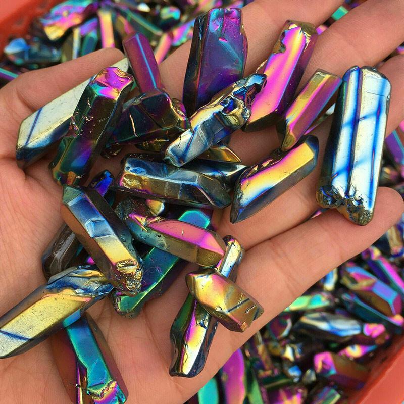 Rainbow Electroplate Colorful Titanium Aura Lemurian Seed Quartz Crystal Decor