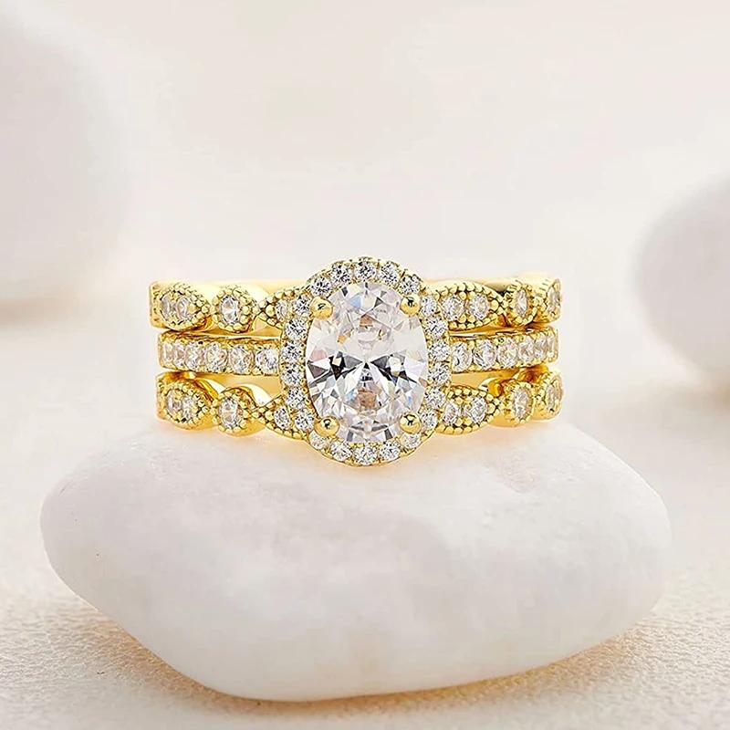 Huitan 3Pcs Set Rings for Women Gold Color Luxury Wedding Accessory Trendy Proposal Engagement Rings High-quality Female