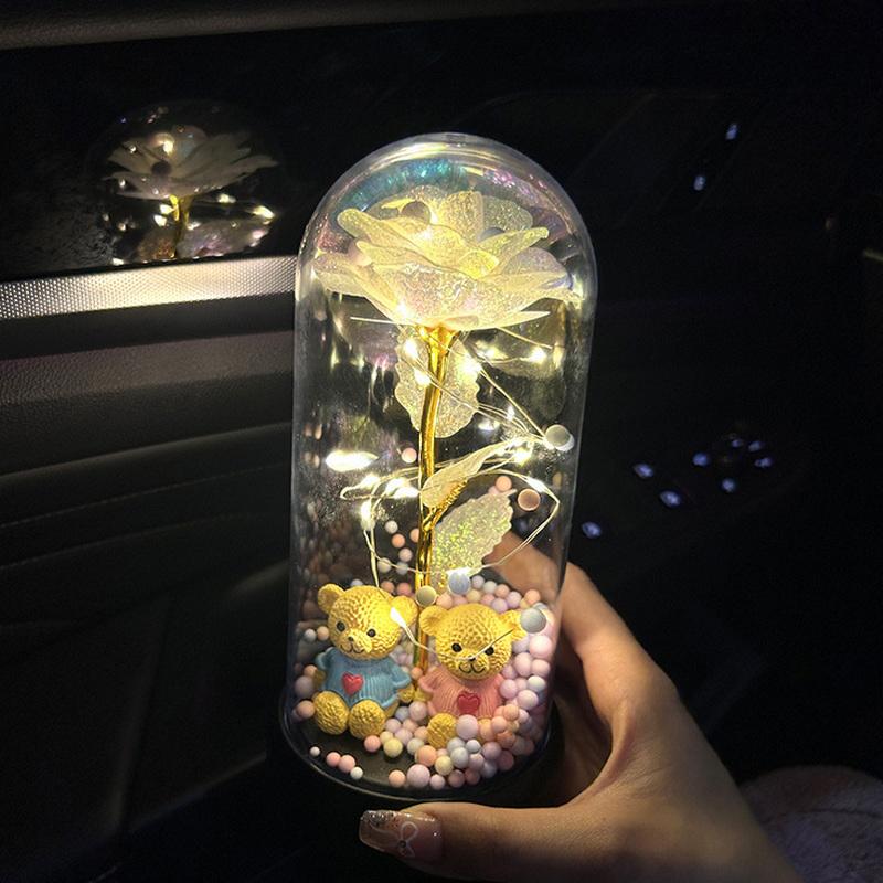 Eternal Flower Glass Lamp Plastic Cover Night Light Rose Simulation Flower With Bear Valentine Day Gift For Girlfriend