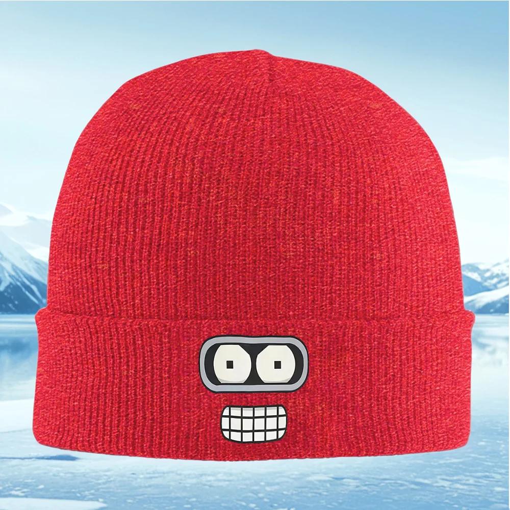 Robot face white eyes smile black Unisex Women Unisex Knitted Hat Beanie Pullover Cap Winter Thermal Warm Christmas Outdoor Cycling