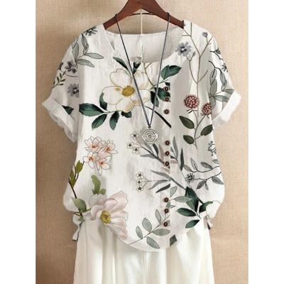 Summer Women O-Neck Short Sleeve Retro Floral Printing Loose Blouse Top Women Buttons Casual Shirts