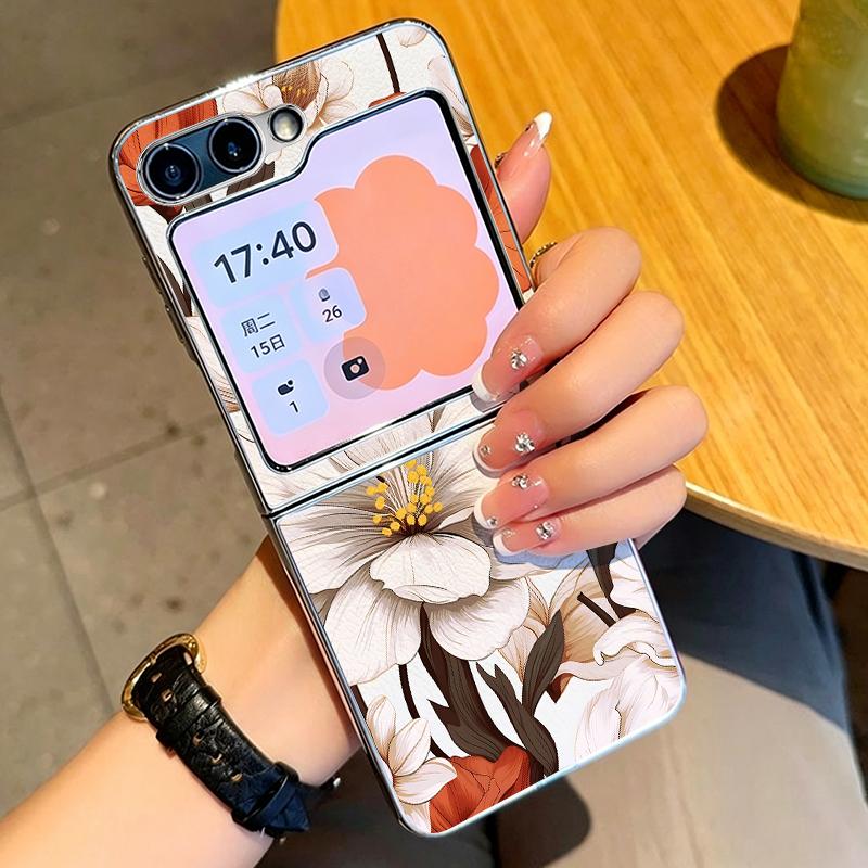 Oil Painting Flower Pattern Case For Samsung Galaxy Z FlIP 7 FE 6 5 Plating PC+PU Leather Hybrid Folding Cover For Samsung Z Flip7 Flip6 Flip5