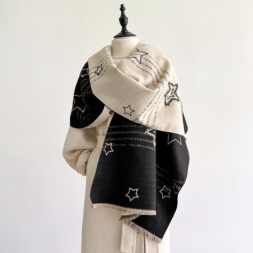 Fashion Warm Star Pattern Poncho Imitation Cashmere Winter Women Scarves Shawl Wraps Female Thick Star Pashmina Blanket Bufanda