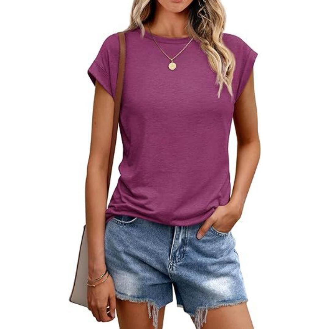 

Жіноча літня повсякденна базова футболка з круглим вирізом Однотонні бавовняні повсякденні жіночі топи з короткими рукавами Топи Спортивна сорочка XXL фіолетовий/червоний