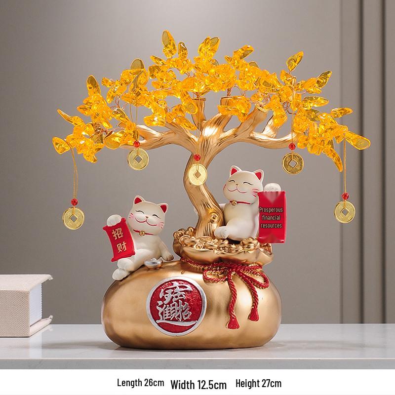 Fortune Cat Money Tree Figurine - Office, Shop, Reception & Housewarming Decoration