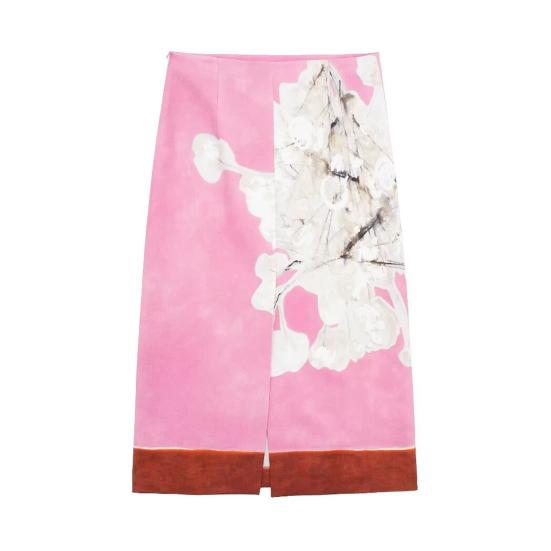 Dam Midi Kjol Hög Midja Höftomslutande Kjol Dold Dragkedja Design Rosa Blomtryck Rak Kjol Slim Fit Lång Kjol Streetwear