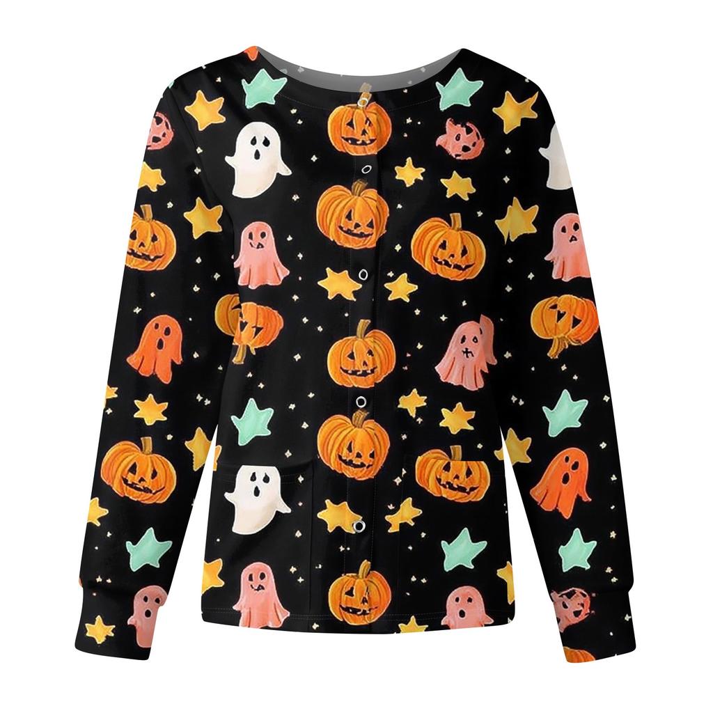 Women's Casual Fashion Long Sleeve Standing Collar Single Breasted Halloween Printed Workwear Jacket Tops