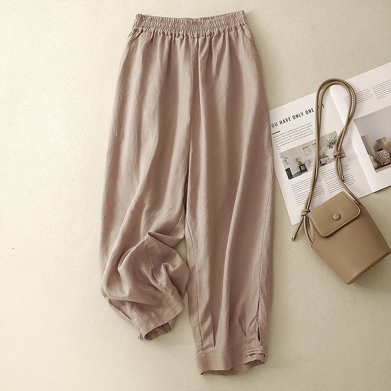 

Summer New Cotton and Linen Buckle Large Size Literary Loose and Thin Casual Pants Women s Clothing XL рожевий