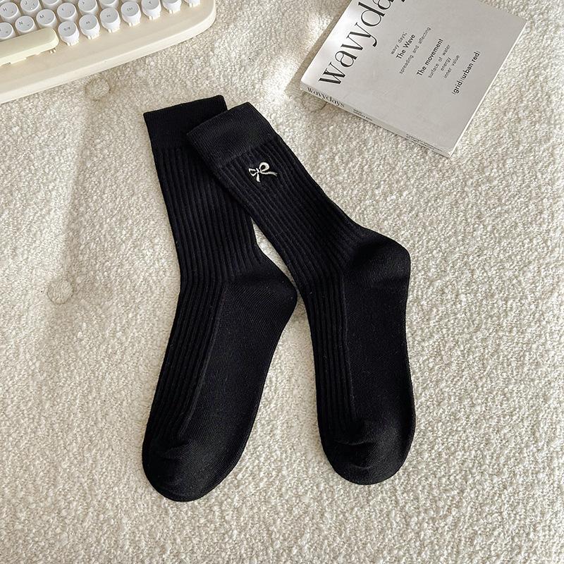 

Bow Embroidery Socks, Women s Mid-calf Socks, Pit Stripes, White Stripes, Pure Cotton Pile Socks, Women s Autumn and Winter Cotton Socks, Long Socks 1 pair чорний