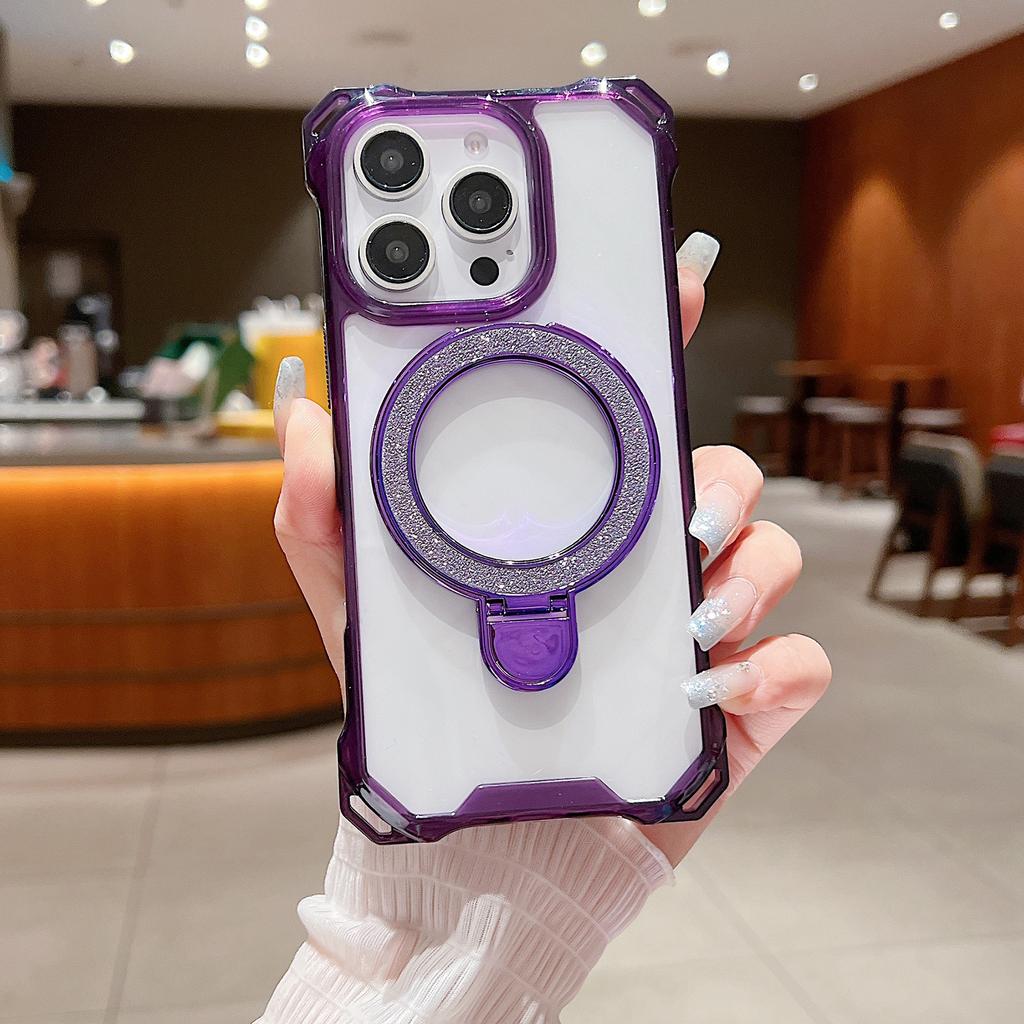 For iPhone 16 Pro Max Case Glitter Magnetic Kickstand Reinforced Corners Acrylic+TPU Phone Cover