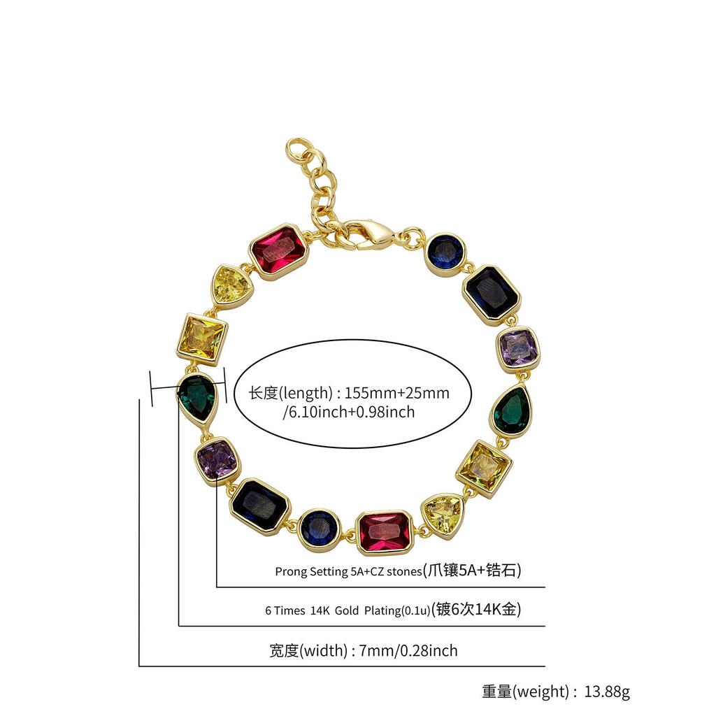 Stylish Colorful Square Rock Sugar Chain 10Mm Full Of Sparkling Zircon Pearl Bracelet Hip Hop Necklace