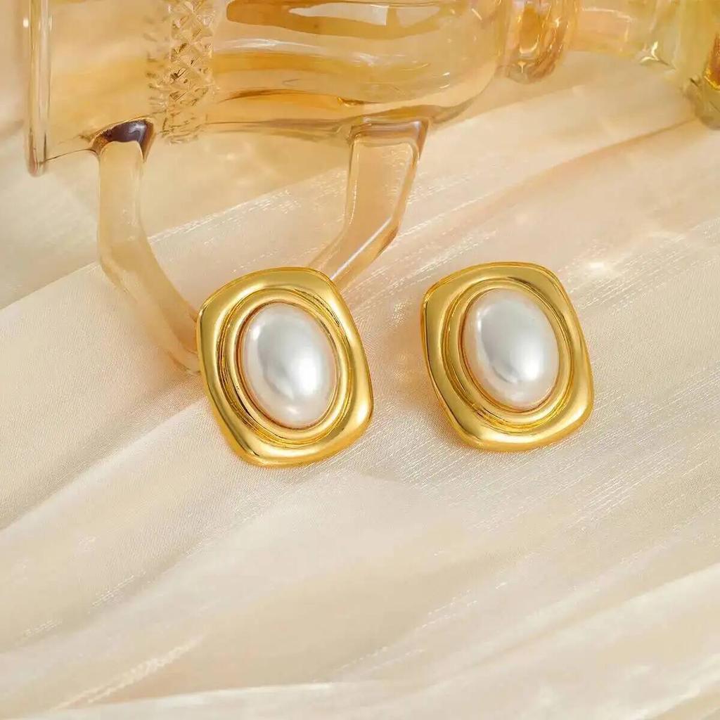 SHIXIN Stainless Steel Geometric Irregular Imitation Pearl Earrings for Women Minimalist Gold Color Stud Ear Trendy Jewelry Gift