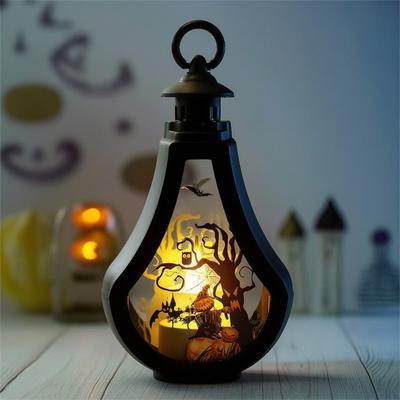 Halloween Candle Lantern, Vintage Castle Witch Scarecrow Flameless LED Lighted Lantern for Halloween Table Centerpiece