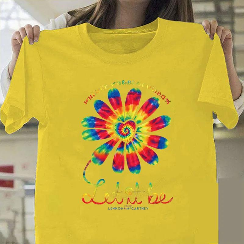Let It Be Renkli Ayçiçeği Baskılı Tişört Kadın Kısa Kollu O Yaka Bol Tişört Kadın Günlük Tişört Üstler Camisetas Mujer