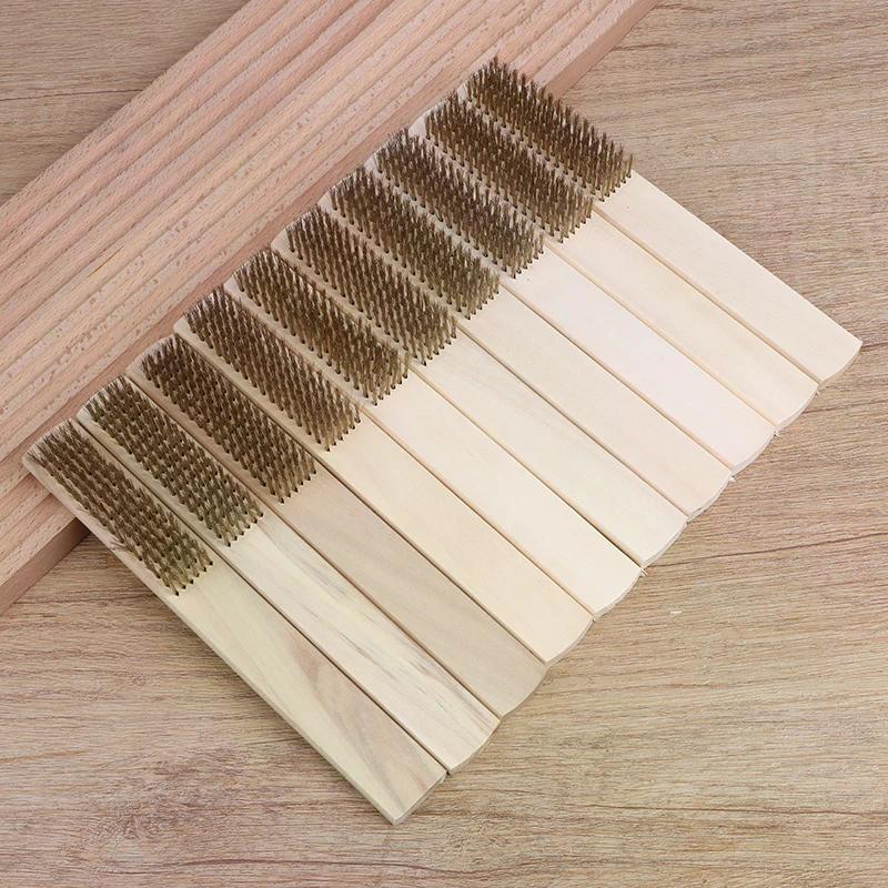 2/5/10Pcs Wood Handle Brass Wire Brush - 6x16 Row Brushes for Industrial Device Surface Inner Polishing Grinding Cleaning