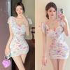 Sexy Printed Hip Skirt Women's Summer New V-neck Short Sleeve Waist Slim Temperament Short Dress