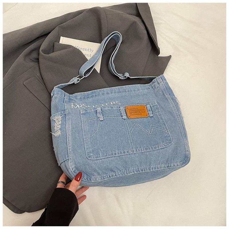 

Джинсовая сумка высокой текстуры, модная и простая повседневная наплечная сумка, универсальная сумка-мессенджер большой вместимости для поездок на работу. светло-синий
