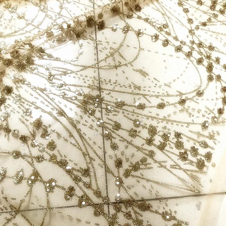 Lace Fabric with Gold Sequins and Mesh Bronzing Wave Fringes Sew Stage Clothes Evening Wedding Dress Accessories 130CM Wide