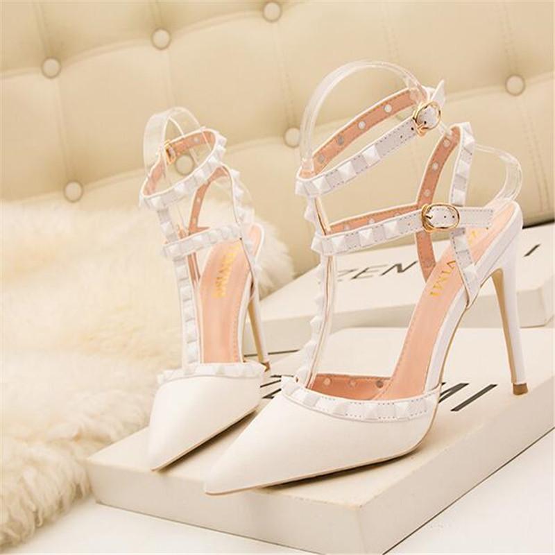 Fashion 10CM PUMPS 2025 Sexy slim stiletto nightclub women's shoes high-heeled shallow mouth pointed hollow rivet Roman sandals