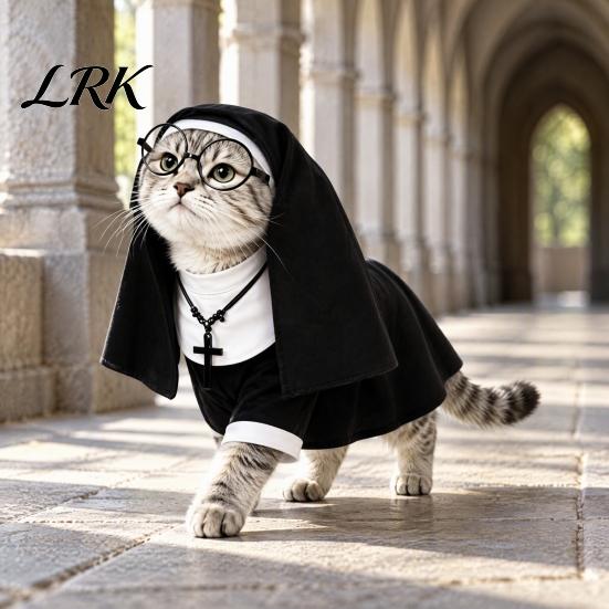 Vicces macska Halloween jelmez Apácakolostor jelmez, Cosplay ruházat kalappal, szemüveggel és nyaklánccal, Kisállat puha kényelmes jelmez macskák és kistestű kutyák számára, Party