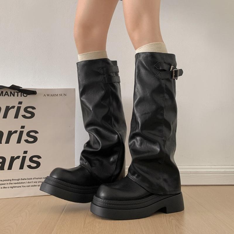 Platform Thick Sole Women Knight High Boots Fashion Belt Buckle Shoes Winter Punk Style Women's Slim Pipe Long Booties