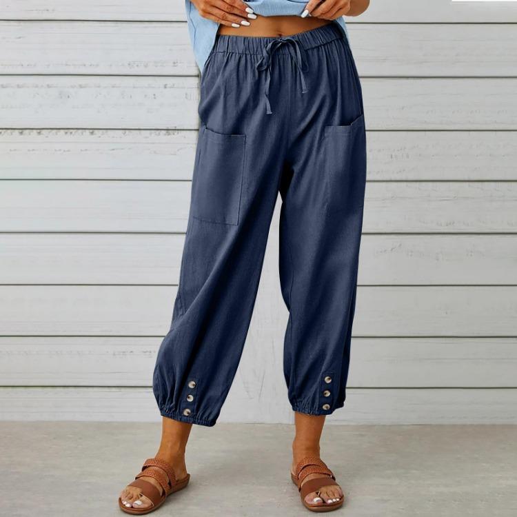 Spring Women Cotton Linen Pants High Waist Wide Leg Trousers Elastic Waist Loose Straight Solid Color Harajuku Female