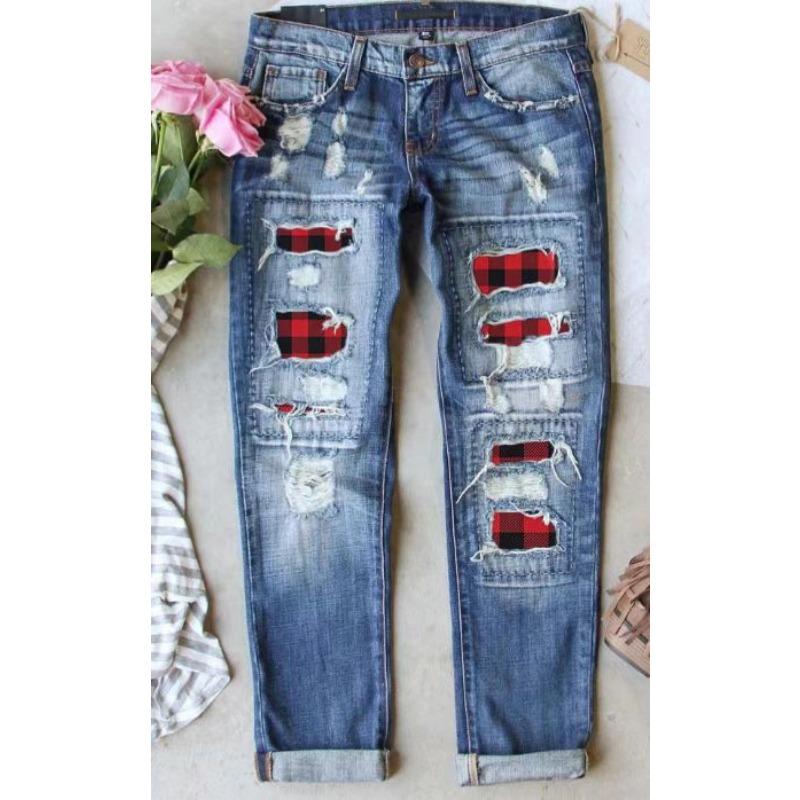 Women Mid Waist Straight Leg Ripped Printed Patchwork Denim Long Pants