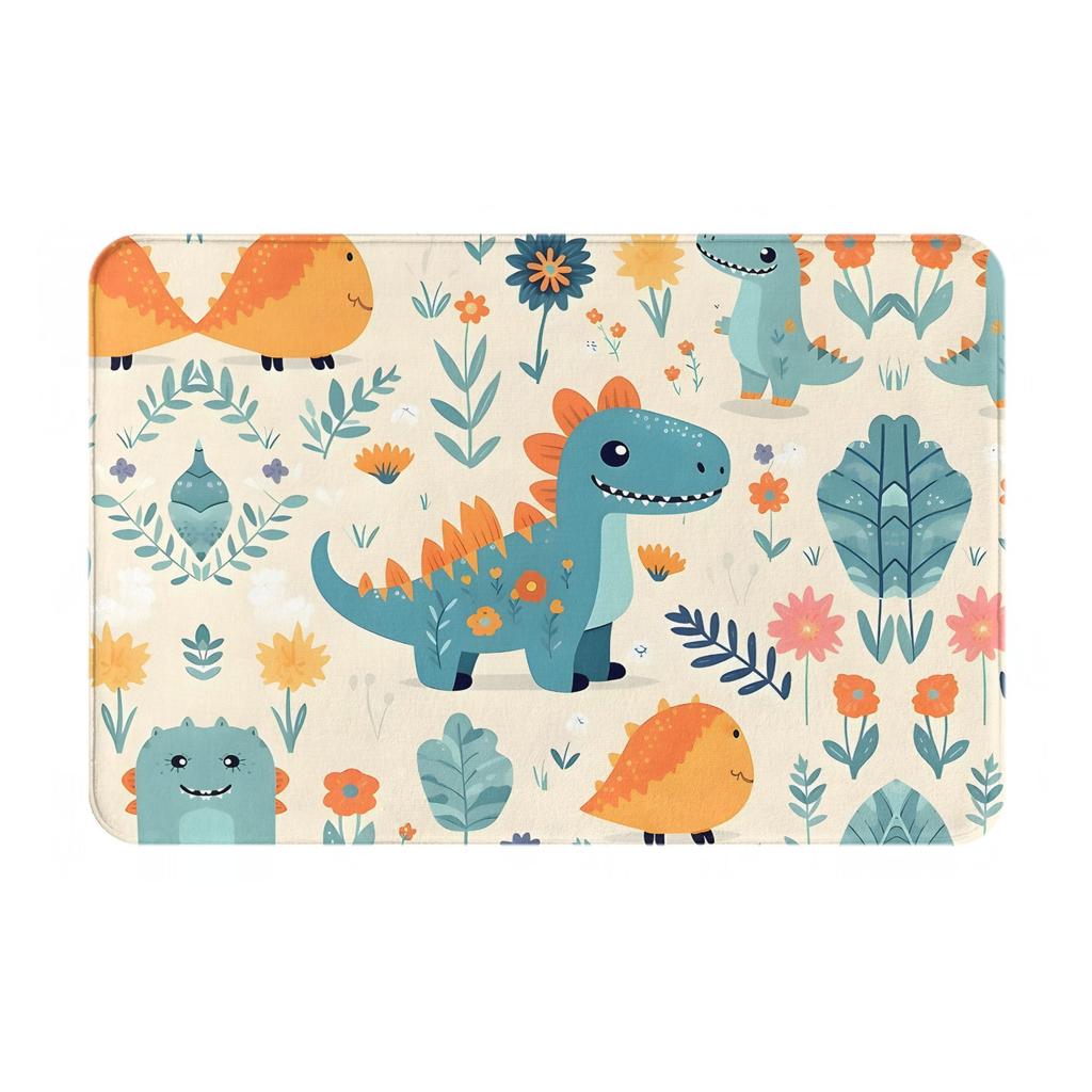 Dinosaur Floral Print Doormat Cream Blue Orange Illustrated Polyester Machine Washable Cold Water Only 80x50cm