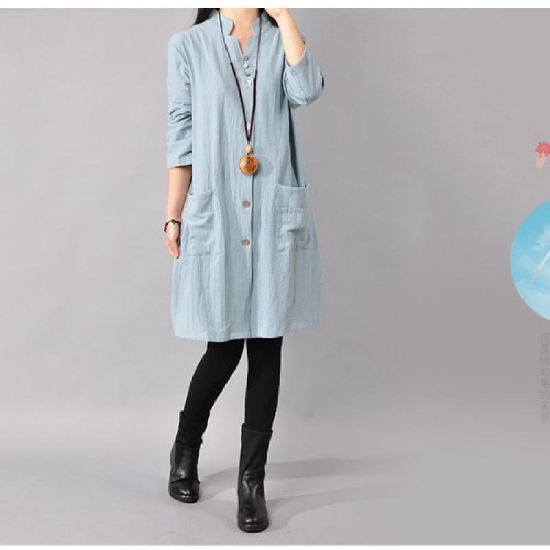 2025 Spring Korean Plus Size Women's Cotton Linen Shirt Dress with Half-Open Collar and Long Sleeves