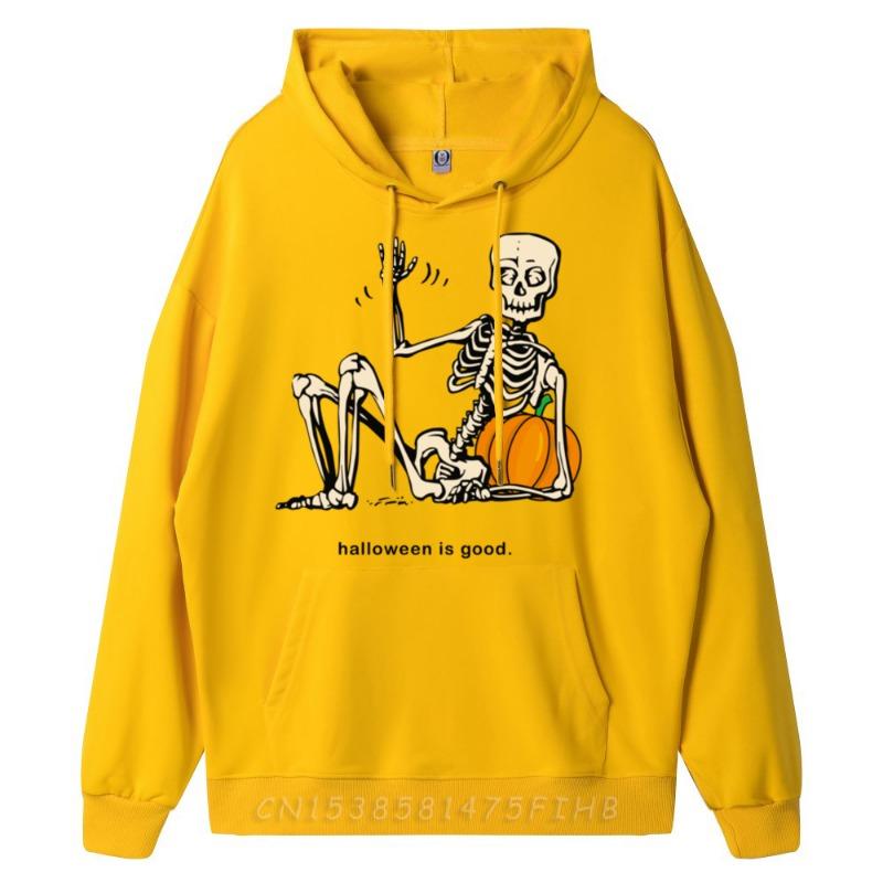 Halloween Is Good and Life Pumpkin Skeleton Halloween Cute Blank Hoodies Polyester Fiber Men's Oversize Long Sleeve Alphabet