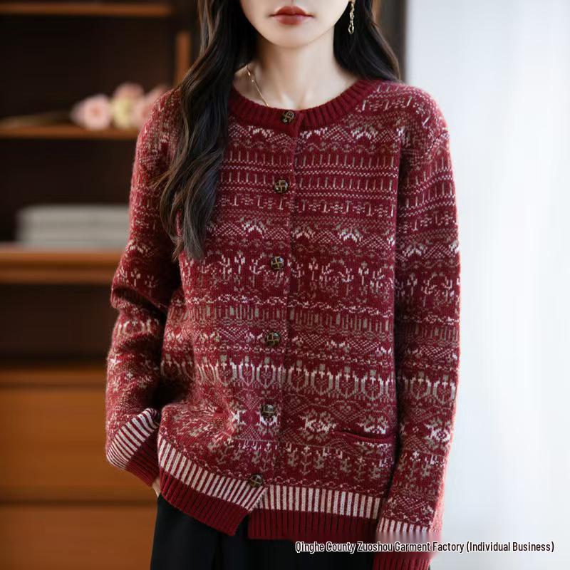 Women's Long-Sleeve Ethnic-Style Raccoon Fur Cardigan - Contrasting Colors, Round Neck, Wood Button Design, Jacquard Knitted Sweater.