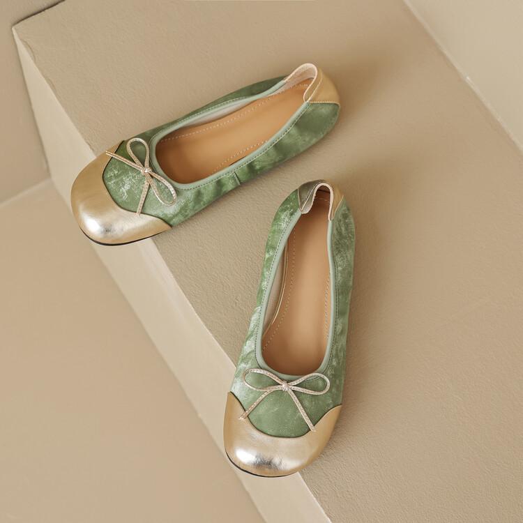 Retro color matching ballet flats women's spring summer bow doll head shoes