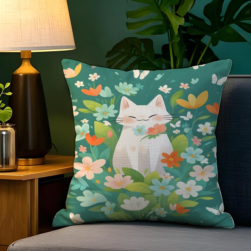 Spring Sunshine Cat Illustrations  Pillow Case Natural Linen Pillow Case DoubleSided Decor Sofa Pillowcase Home Decor