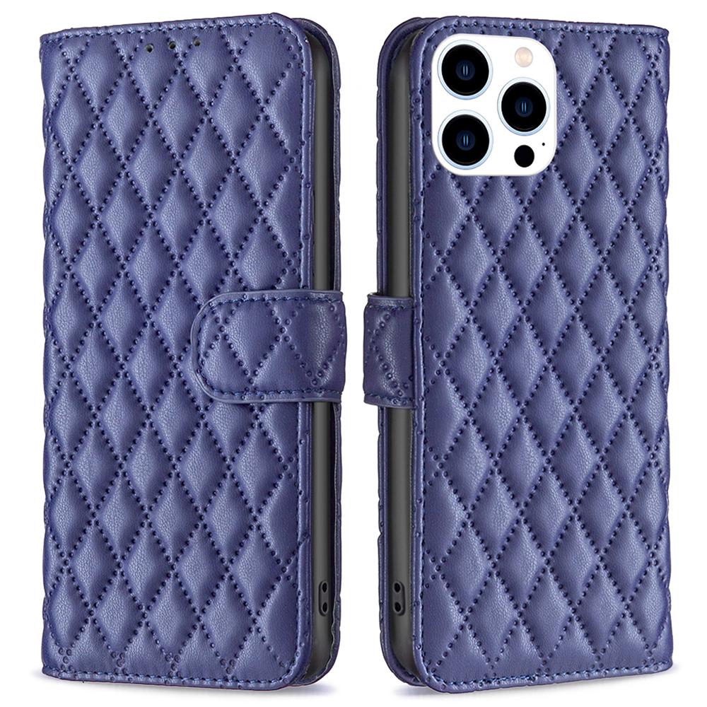 

BINFEN COLOR BF Style-14 For iPhone 16 Pro Case Leather Rhombus Grid Phone Cover Blue