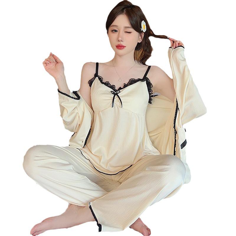 Dámská jarní/podzimní pyžamová souprava: Sladký top na ramínka s vycpávkami na prsou, dlouhými rukávy a kalhotami, nadměrná velikost až do 230 lbs, třídílný domácí oděv.