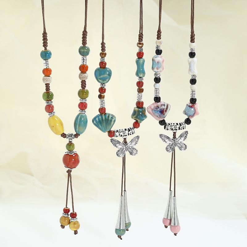 Ceramic Beaded Butterfly Pendant Necklace, Retro Ethnic Style Long Sweater Chain