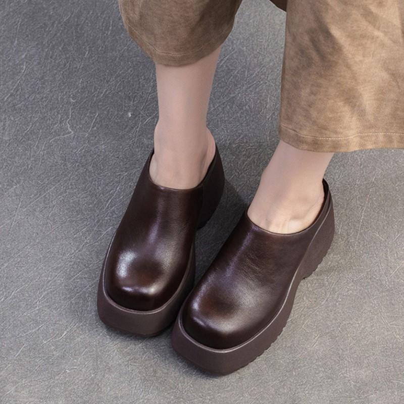 Johnature Thick Soled Wedges Slippers Retro Genuine Leather Solid Color Women's Platform Shoes