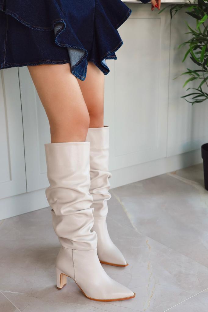 Women Modern Stylish Fashion Boots Faux Leather Curve Heeled Below Knee Pointed Toe Matte Leather Black Boots