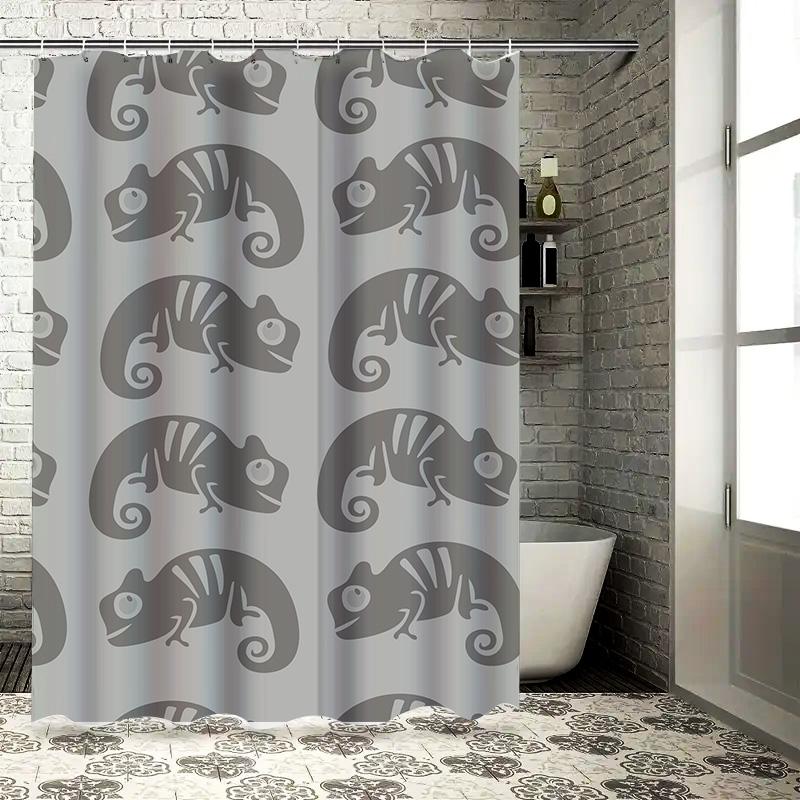 Stylish Chameleon Shower Curtain Set for Bathroom Decor Modern Grey Animal Pattern Waterproof Fabric 240x180cm