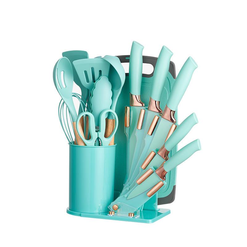 19-Piece Wooden Handle Silicone Kitchen Utensil Set with Spatulas, Spoons, Storage Bucket, and Knife Set