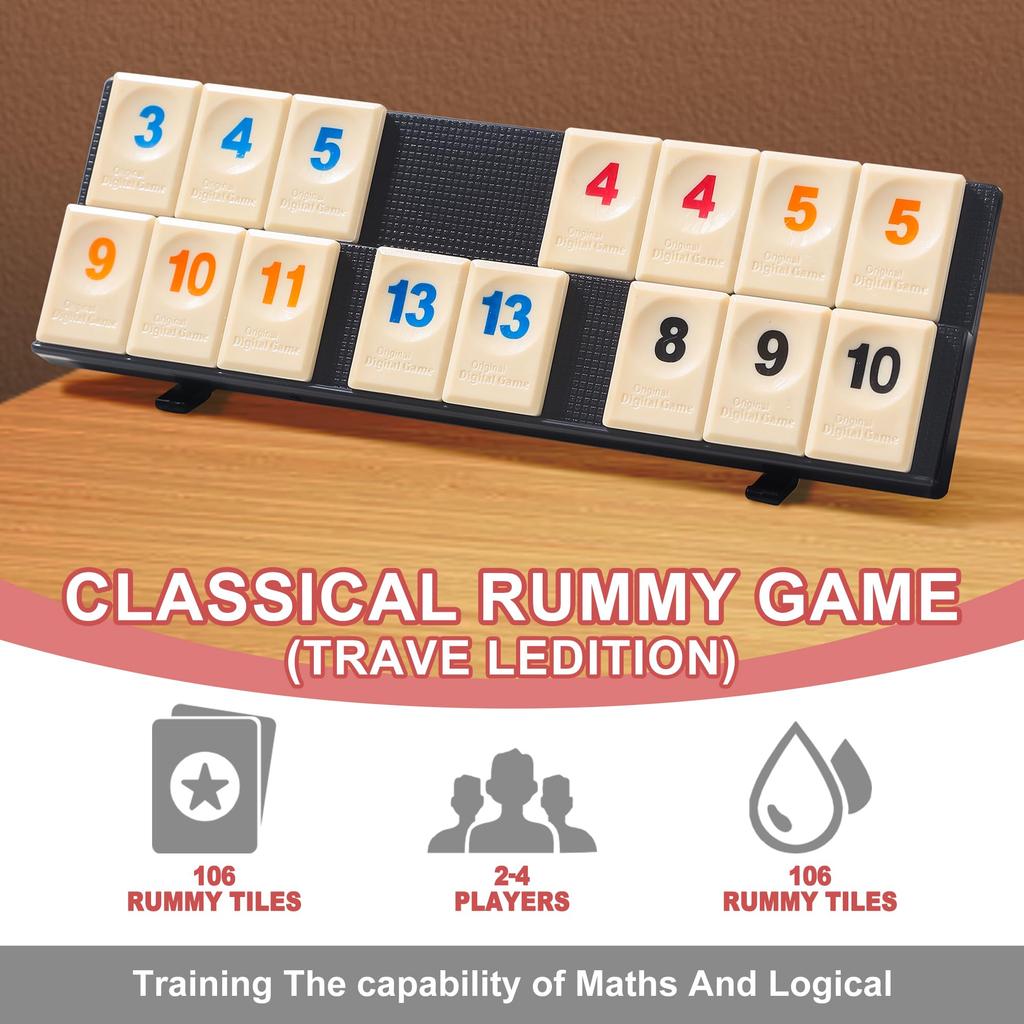 AIUAZA Player Rummikub Rummikub Game Portable Rummikub Travel Game 4 Tile Classic Player Board Includes Digital Mahjong Cards 2-4 Game, 106-Piece Set,